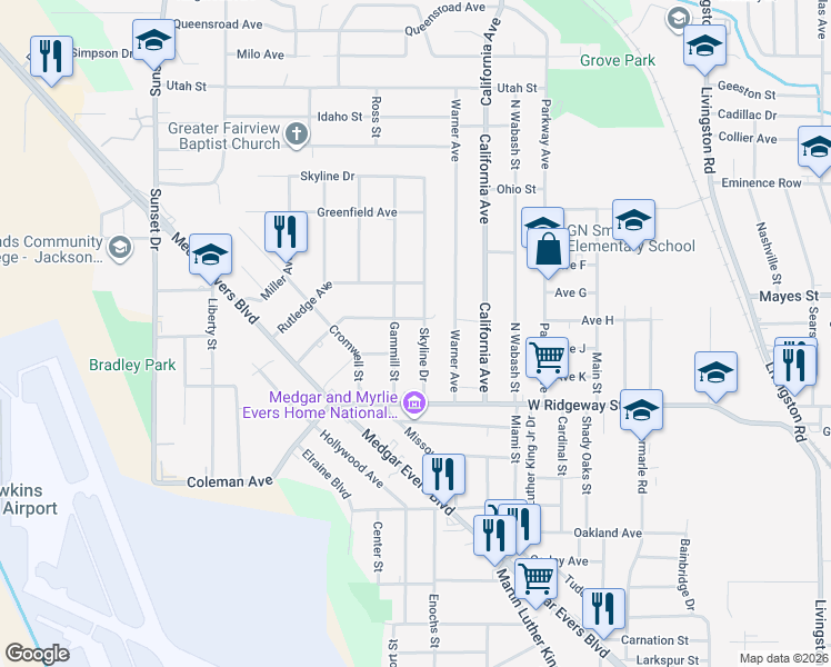 map of restaurants, bars, coffee shops, grocery stores, and more near 3640 Gammill Street in Jackson