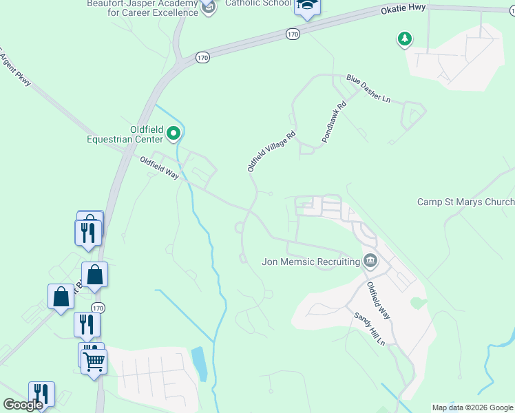 map of restaurants, bars, coffee shops, grocery stores, and more near 5 Oldfield Village Road in Bluffton