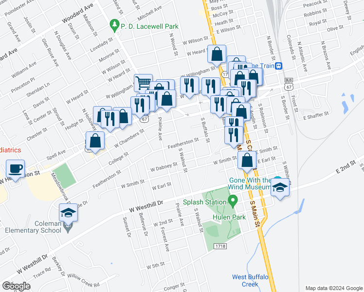 map of restaurants, bars, coffee shops, grocery stores, and more near 227 Featherston Street in Cleburne