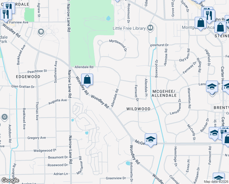 map of restaurants, bars, coffee shops, grocery stores, and more near 2202 Allendale Road in Montgomery