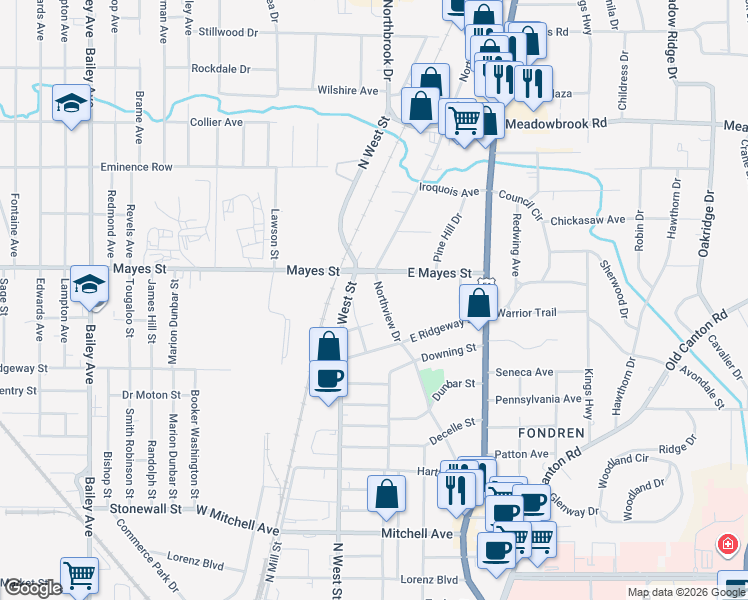 map of restaurants, bars, coffee shops, grocery stores, and more near 309 East Mayes Street in Jackson