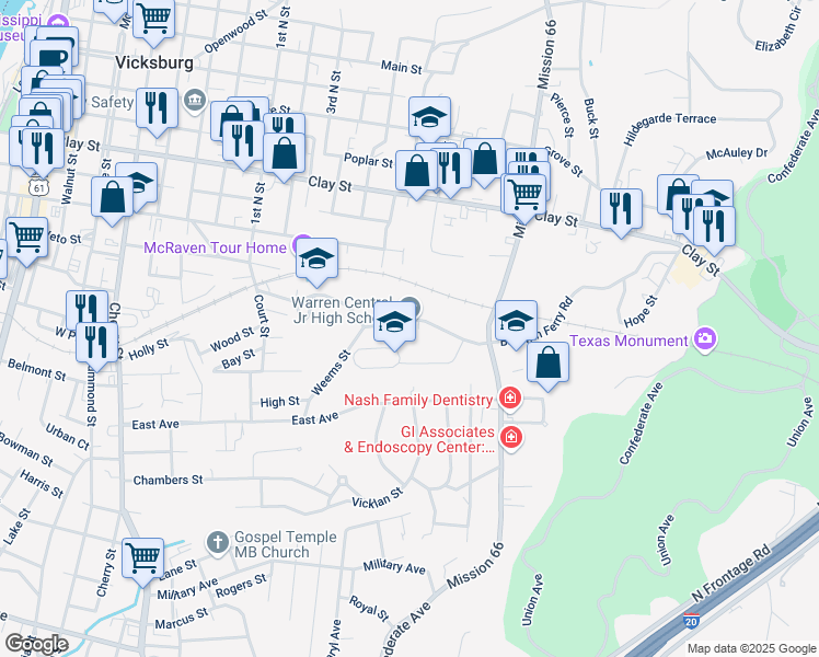 map of restaurants, bars, coffee shops, grocery stores, and more near 1630 Baldwin Ferry Road in Vicksburg
