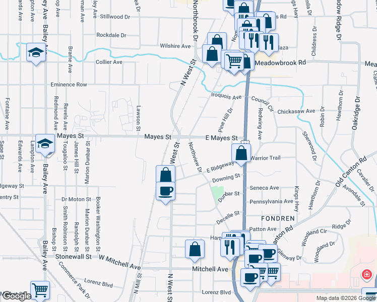 map of restaurants, bars, coffee shops, grocery stores, and more near 309 East Mayes Street in Jackson