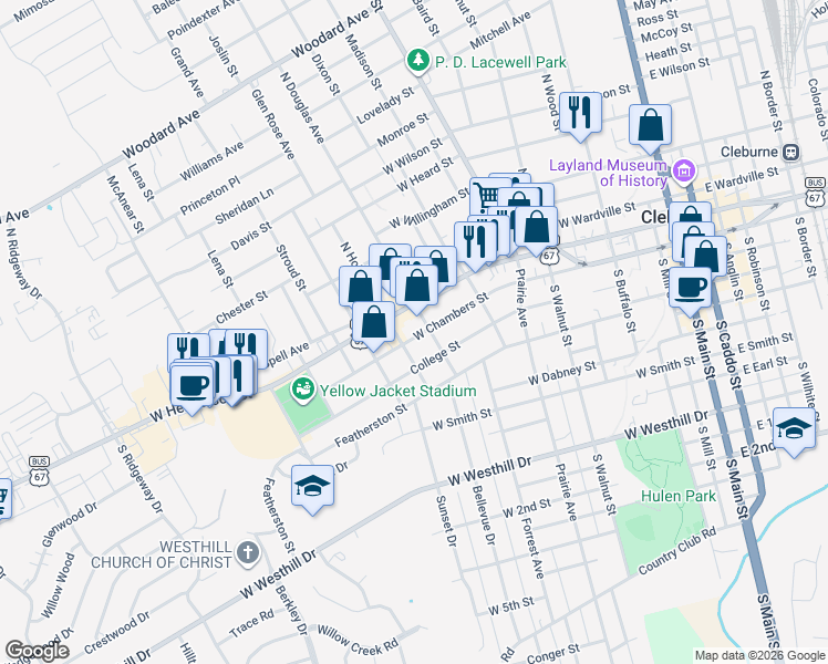 map of restaurants, bars, coffee shops, grocery stores, and more near 725 West Henderson Street in Cleburne