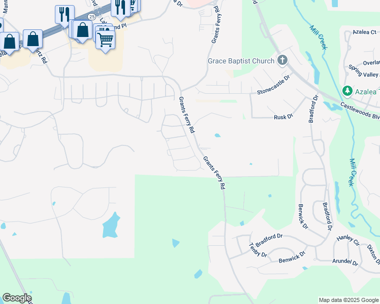 map of restaurants, bars, coffee shops, grocery stores, and more near 212 Grace Drive in Flowood