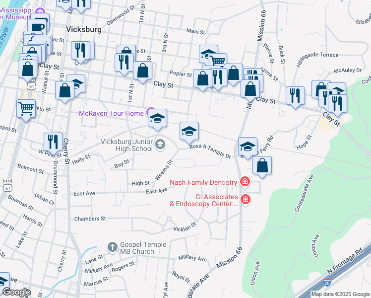 map of restaurants, bars, coffee shops, grocery stores, and more near 1630 Baldwin Ferry Road in Vicksburg