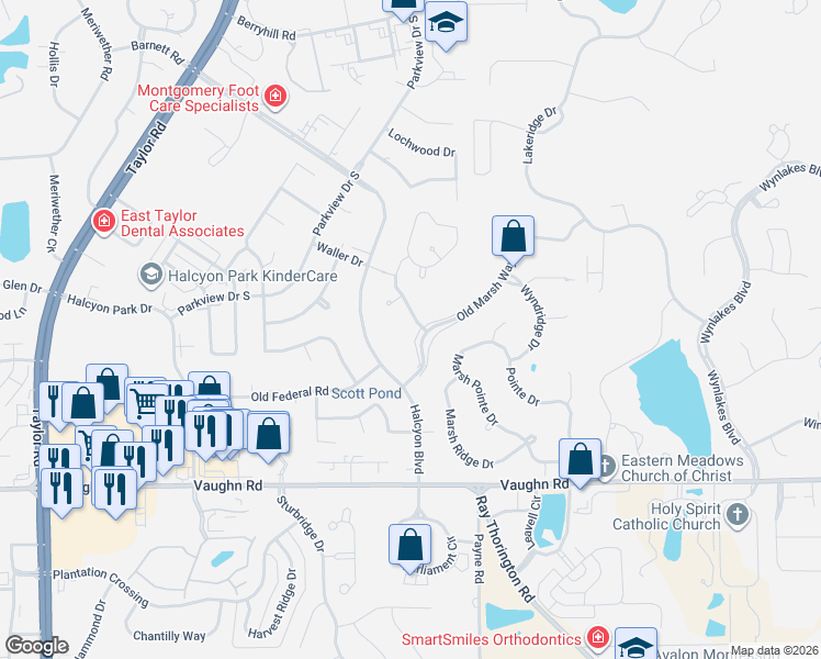 map of restaurants, bars, coffee shops, grocery stores, and more near 2243 Wyndgate Drive in Montgomery