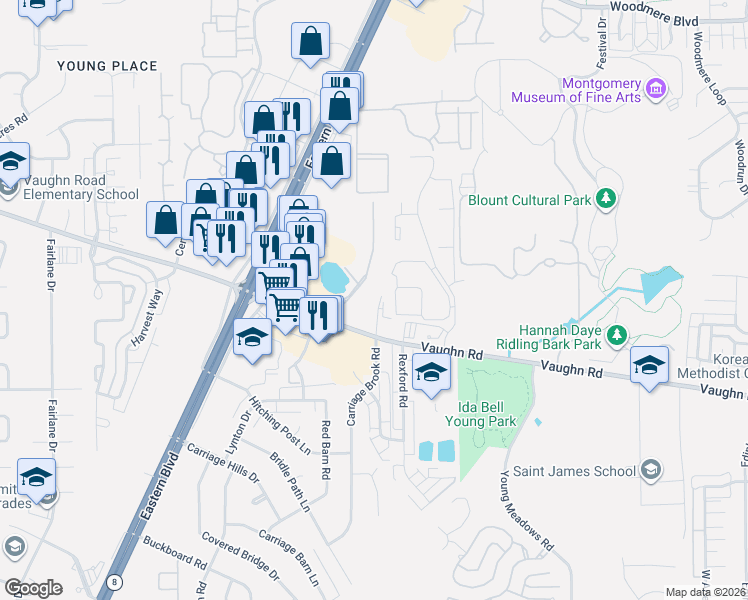 map of restaurants, bars, coffee shops, grocery stores, and more near 2704 Office Park Circle in Montgomery