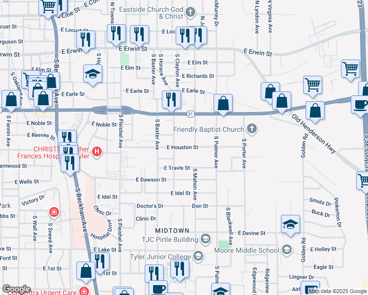 map of restaurants, bars, coffee shops, grocery stores, and more near 1428 East Houston Street in Tyler