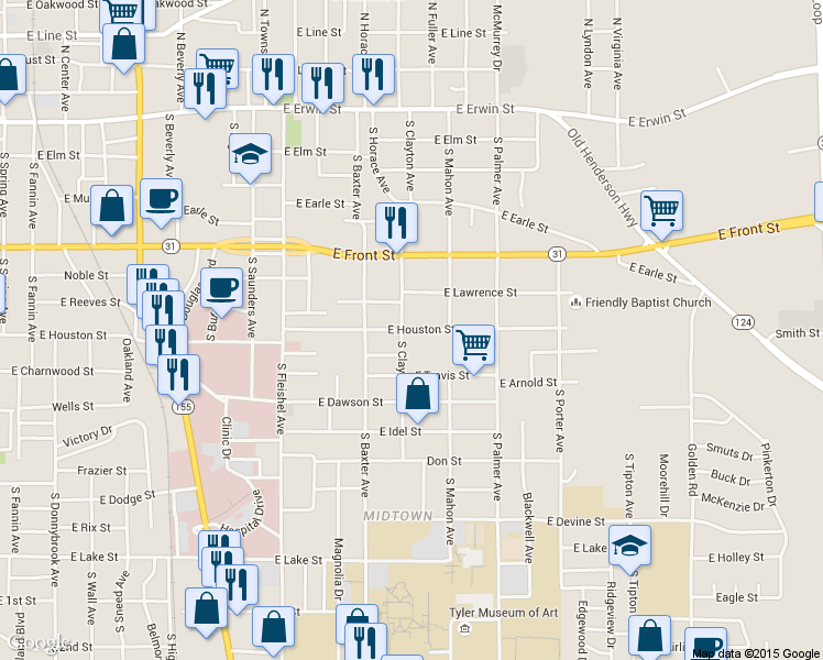 map of restaurants, bars, coffee shops, grocery stores, and more near 1428 East Houston Street in Tyler