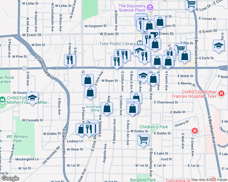 map of restaurants, bars, coffee shops, grocery stores, and more near 520 South Bonner Avenue in Tyler
