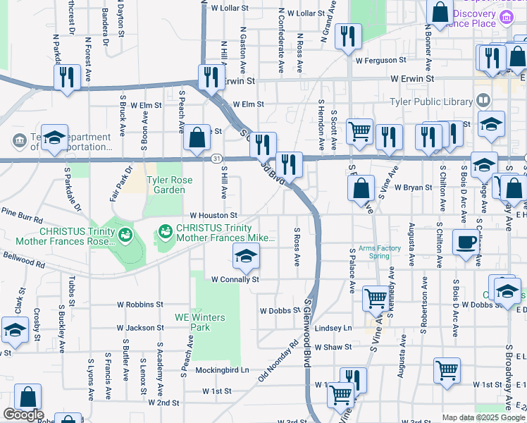 map of restaurants, bars, coffee shops, grocery stores, and more near 510 Mccain Drive in Tyler