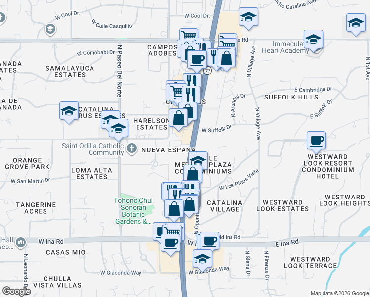map of restaurants, bars, coffee shops, grocery stores, and more near 7535 North Oracle Road in Tucson