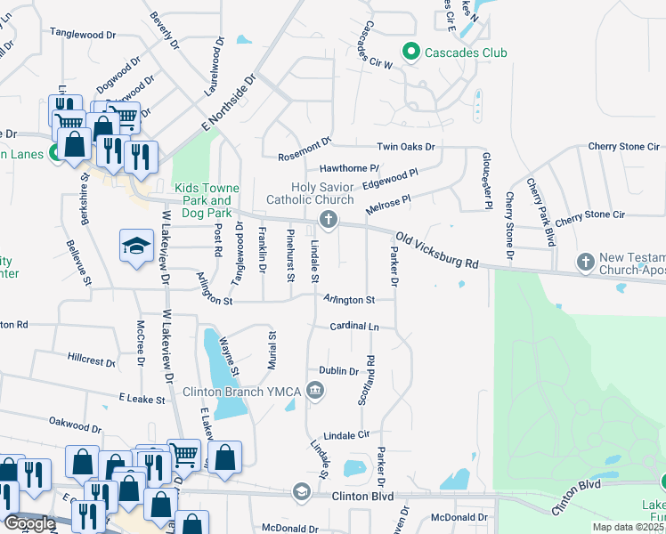 map of restaurants, bars, coffee shops, grocery stores, and more near 111 Meadow Lane Circle in Clinton