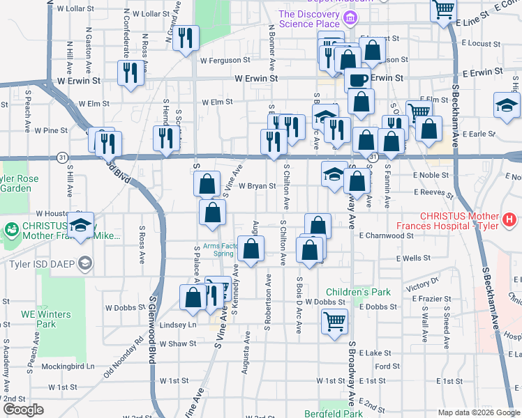 map of restaurants, bars, coffee shops, grocery stores, and more near 519 Augusta Avenue in Tyler