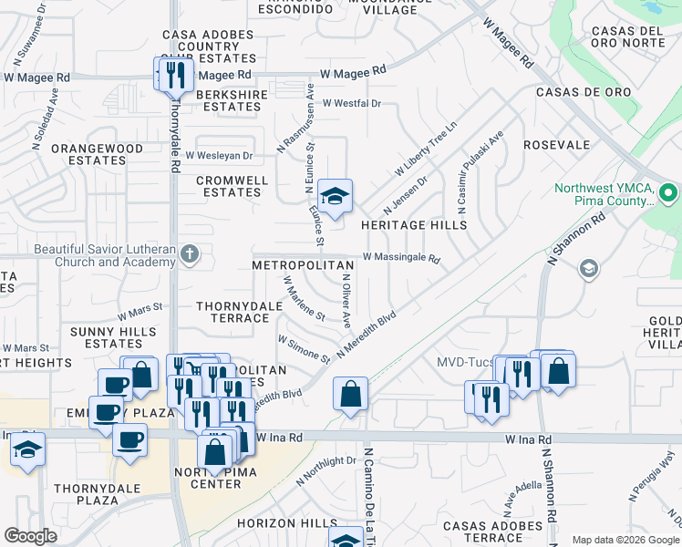 map of restaurants, bars, coffee shops, grocery stores, and more near 7565 North Oliver Avenue in Tucson
