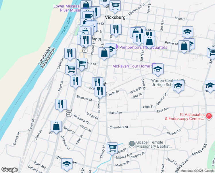 map of restaurants, bars, coffee shops, grocery stores, and more near 1805 Cherry Street in Vicksburg