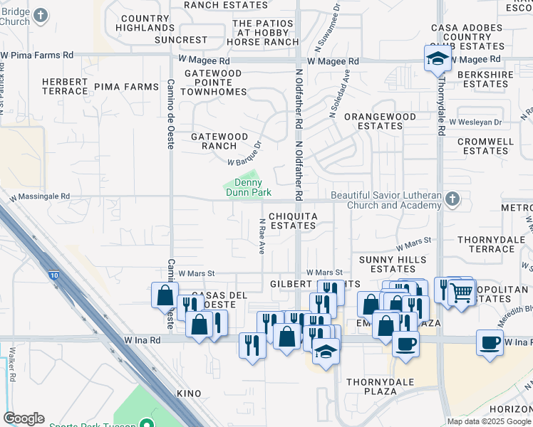 map of restaurants, bars, coffee shops, grocery stores, and more near 7580 North Rae Avenue in Tucson