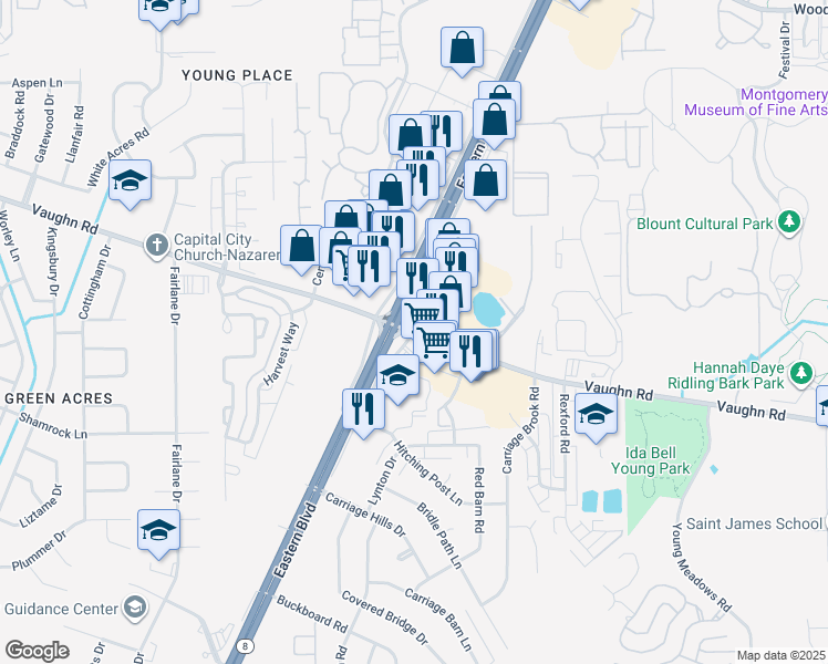 map of restaurants, bars, coffee shops, grocery stores, and more near Vaughn Road & Eastern Boulevard Frontage Road in Montgomery