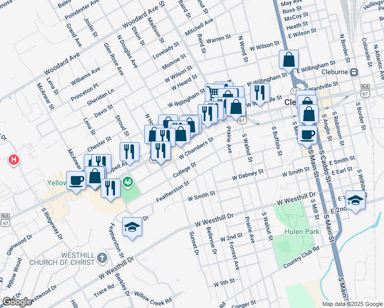 map of restaurants, bars, coffee shops, grocery stores, and more near 721 West Chambers Street in Cleburne