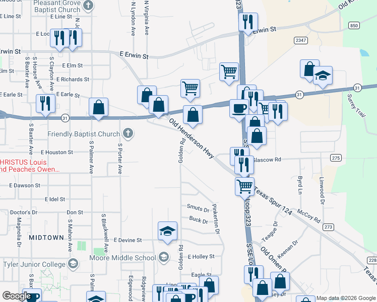 map of restaurants, bars, coffee shops, grocery stores, and more near 602 Golden Road in Tyler