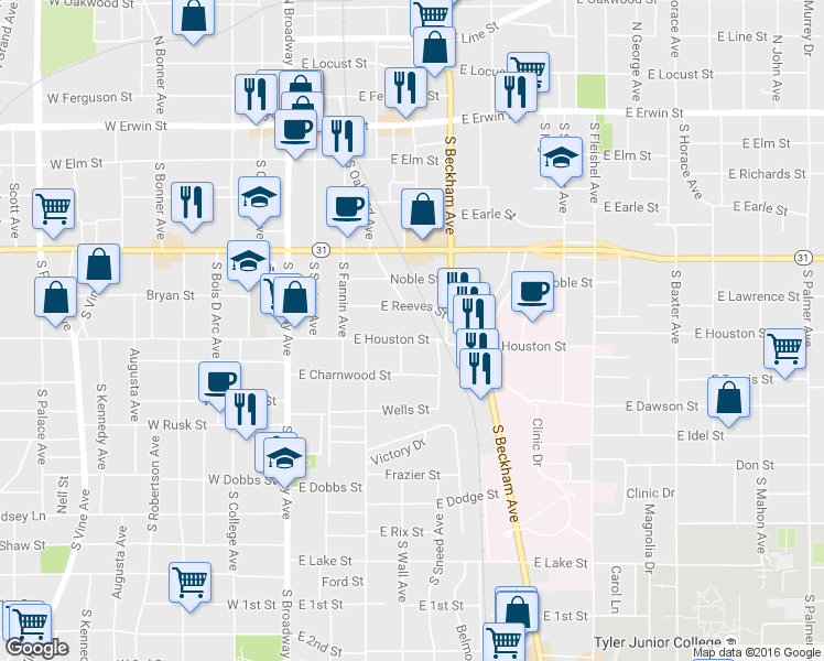 map of restaurants, bars, coffee shops, grocery stores, and more near 417 East Reeves Street in Tyler