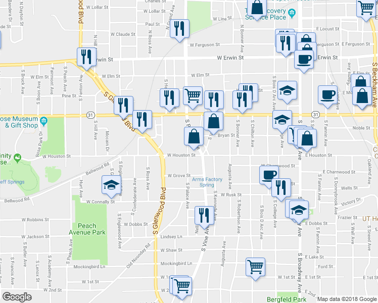 map of restaurants, bars, coffee shops, grocery stores, and more near 516 North Palace Avenue in Tyler