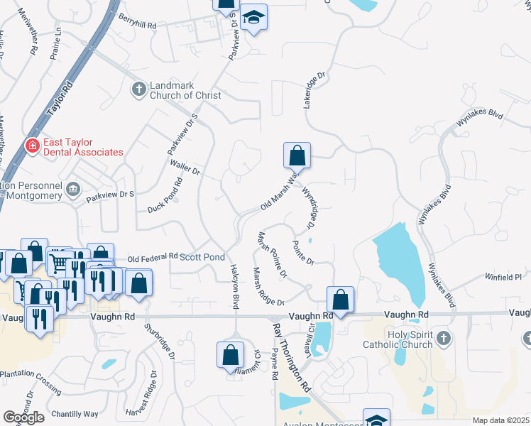 map of restaurants, bars, coffee shops, grocery stores, and more near 8646 Old Marsh Way in Montgomery