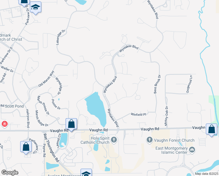 map of restaurants, bars, coffee shops, grocery stores, and more near 8157 Wynlakes Boulevard in Montgomery
