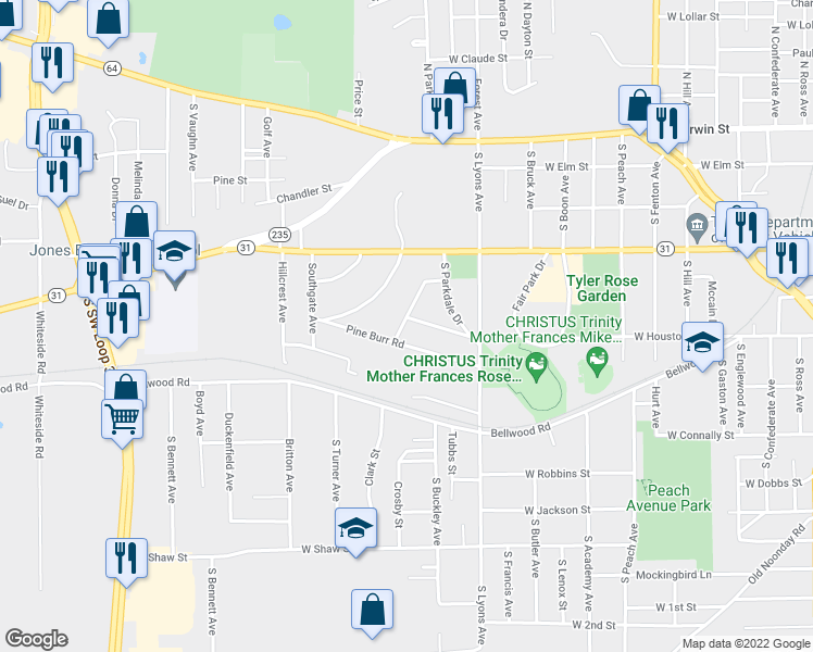 map of restaurants, bars, coffee shops, grocery stores, and more near 2520 Maplewood Place in Tyler