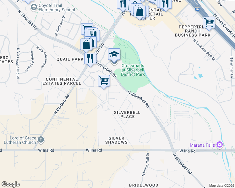 map of restaurants, bars, coffee shops, grocery stores, and more near 6150 West Sandburg Court in Tucson