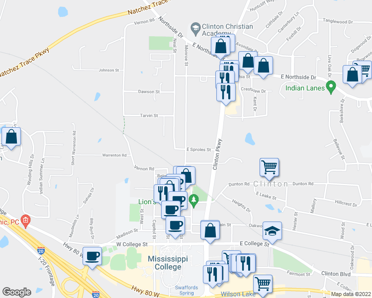 map of restaurants, bars, coffee shops, grocery stores, and more near 802 Monroe Street in Clinton