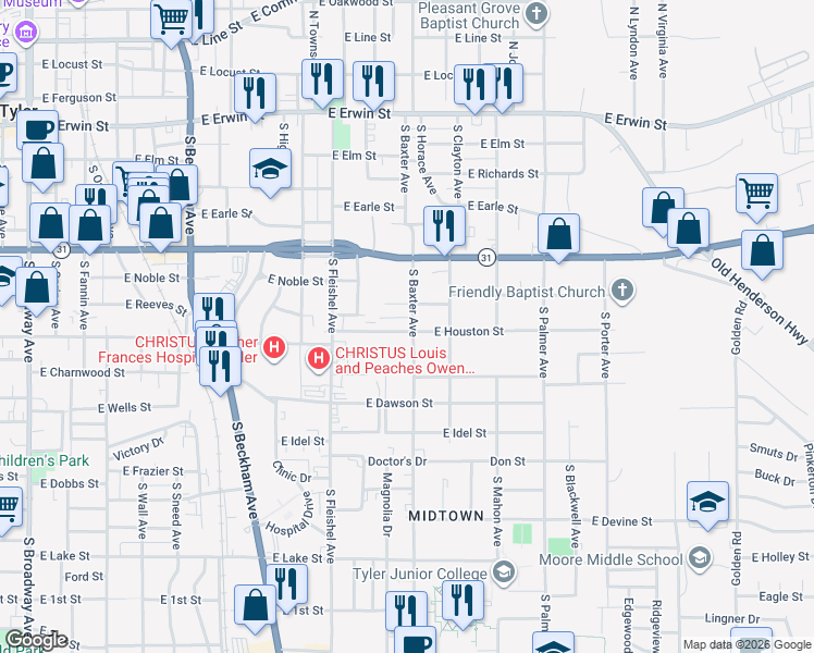 map of restaurants, bars, coffee shops, grocery stores, and more near 1208 East Houston Street in Tyler