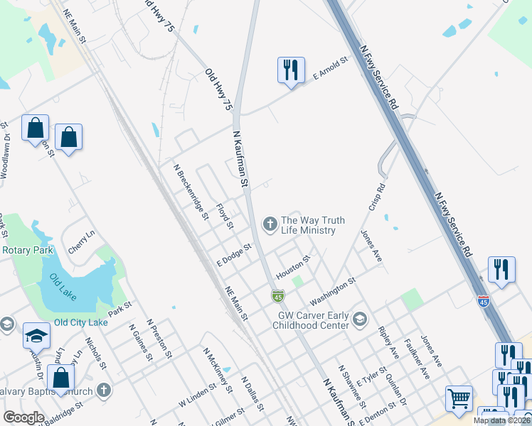 map of restaurants, bars, coffee shops, grocery stores, and more near 1900 North Kaufman Street in Ennis