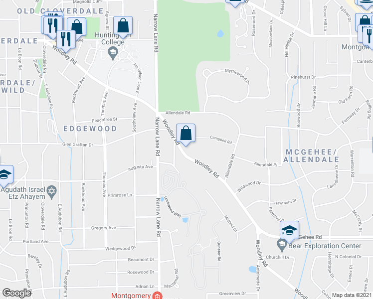 map of restaurants, bars, coffee shops, grocery stores, and more near 2123 Woodley Road in Montgomery