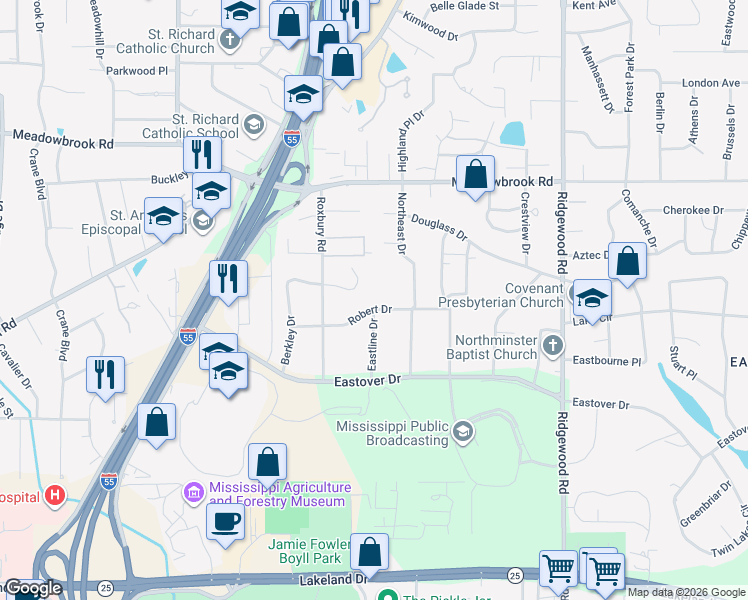 map of restaurants, bars, coffee shops, grocery stores, and more near 4032 Berkley Drive in Jackson