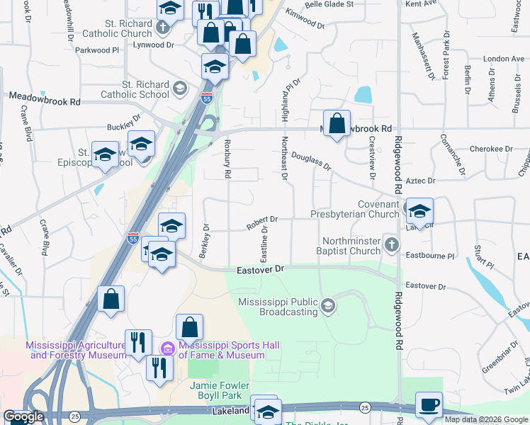 map of restaurants, bars, coffee shops, grocery stores, and more near 4032 Berkley Drive in Jackson