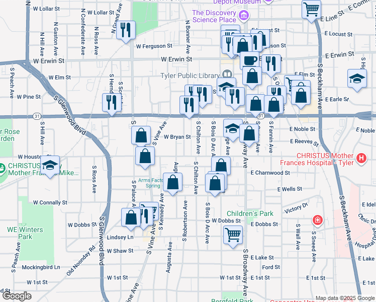 map of restaurants, bars, coffee shops, grocery stores, and more near 520 South Bonner Avenue in Tyler