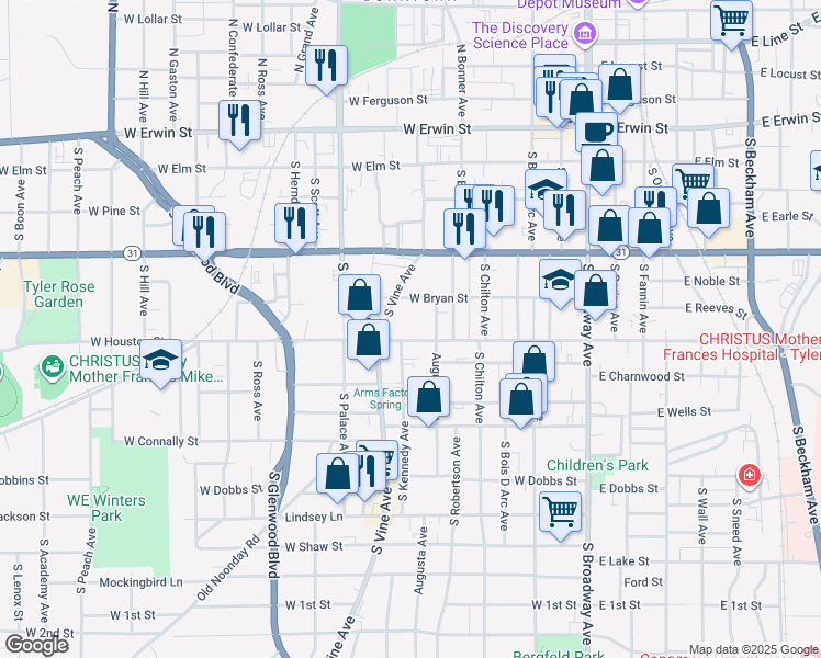 map of restaurants, bars, coffee shops, grocery stores, and more near 519 Augusta Avenue in Tyler