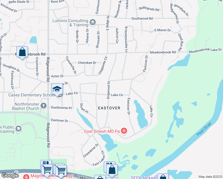 map of restaurants, bars, coffee shops, grocery stores, and more near 2544 Lake Circle in Jackson