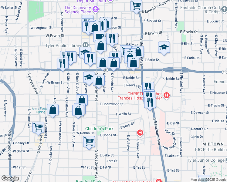 map of restaurants, bars, coffee shops, grocery stores, and more near 528 South Fannin Avenue in Tyler