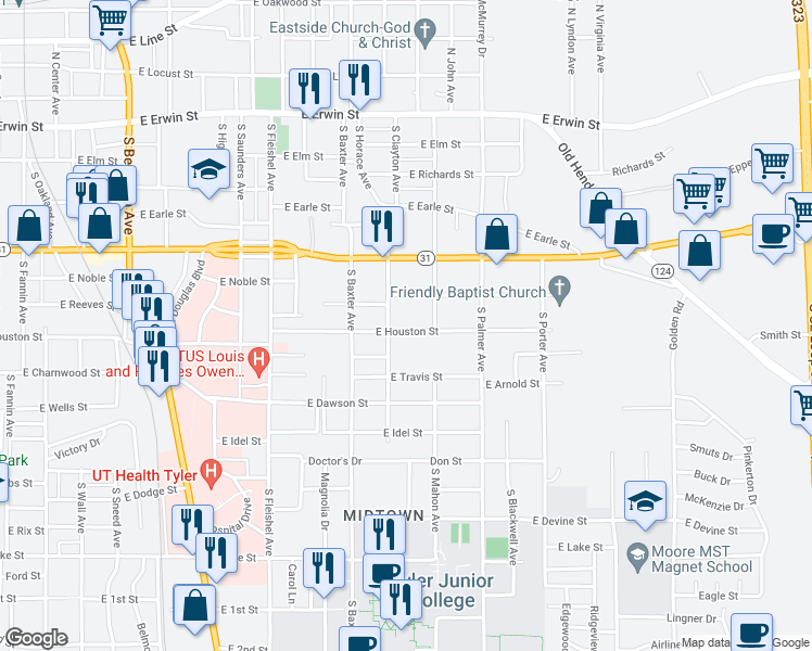 map of restaurants, bars, coffee shops, grocery stores, and more near 1424 East Houston Street in Tyler
