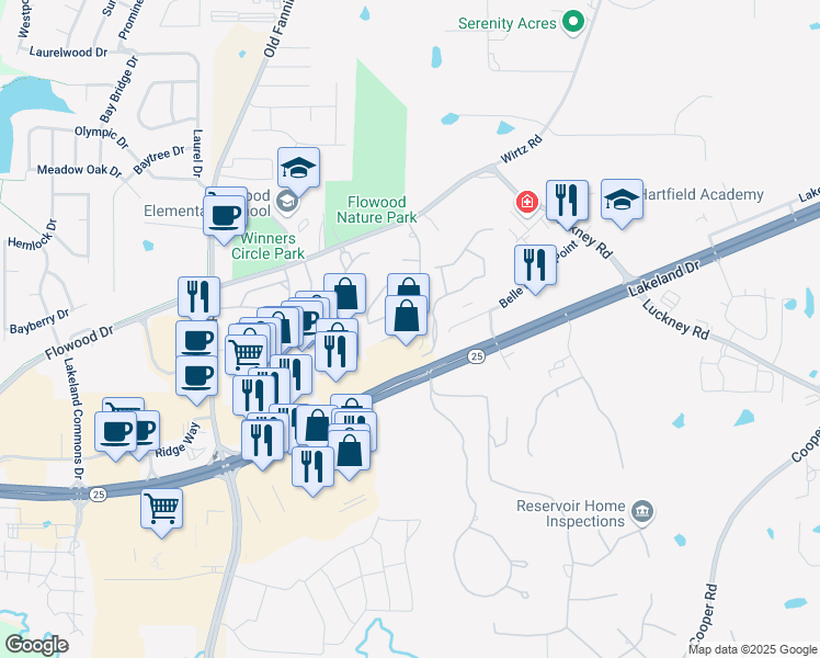 map of restaurants, bars, coffee shops, grocery stores, and more near 210 Promenade Boulevard in Flowood