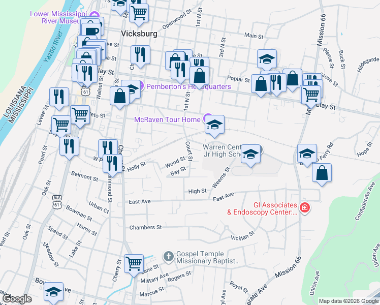 map of restaurants, bars, coffee shops, grocery stores, and more near Court Street in Vicksburg