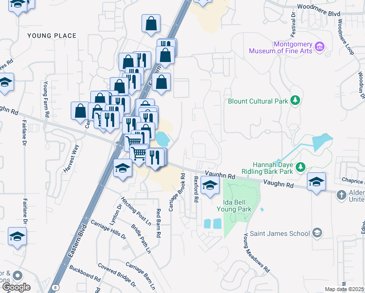 map of restaurants, bars, coffee shops, grocery stores, and more near 2704 Office Park Circle in Montgomery