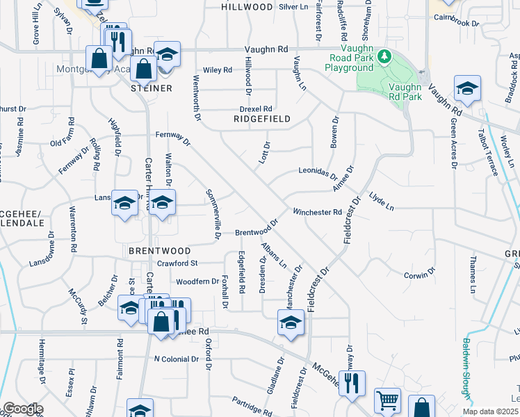 map of restaurants, bars, coffee shops, grocery stores, and more near 3225 Fernway Drive in Montgomery