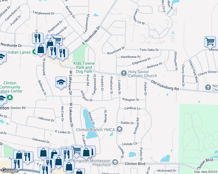 map of restaurants, bars, coffee shops, grocery stores, and more near 713 Pinehurst Street in Clinton