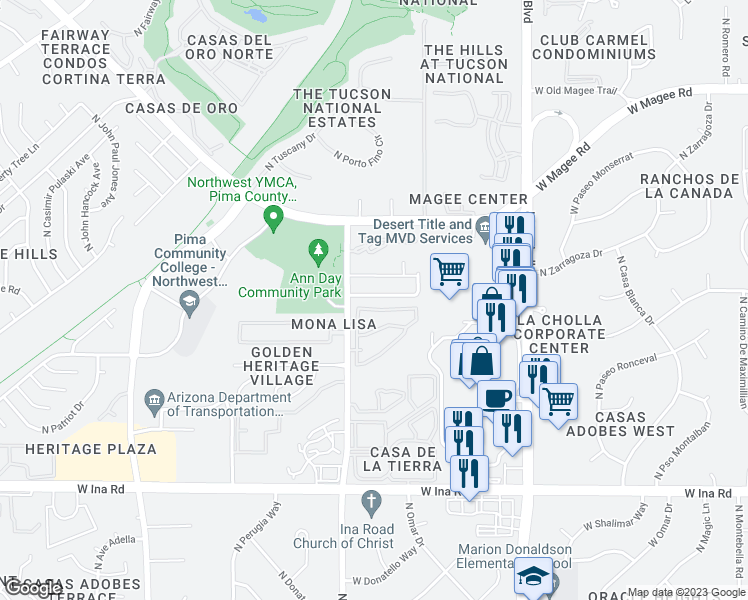 map of restaurants, bars, coffee shops, grocery stores, and more near 2409 West Monet Way in Tucson