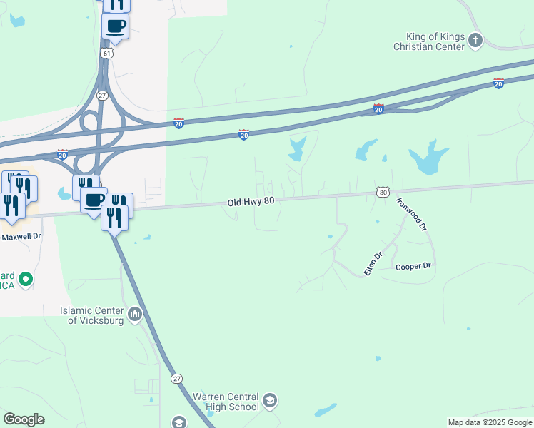 map of restaurants, bars, coffee shops, grocery stores, and more near 587 Old U.S. 80 in Vicksburg