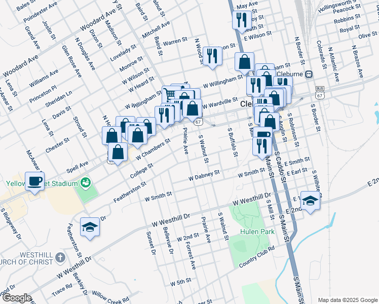 map of restaurants, bars, coffee shops, grocery stores, and more near 317 College Street in Cleburne